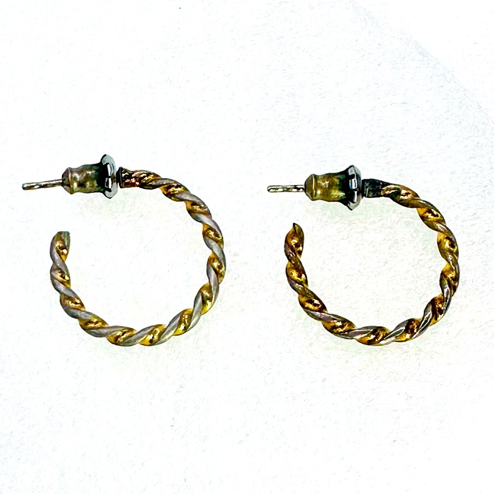 Two Tone Golden Silver Twisted Hoop Earrings 0.8”